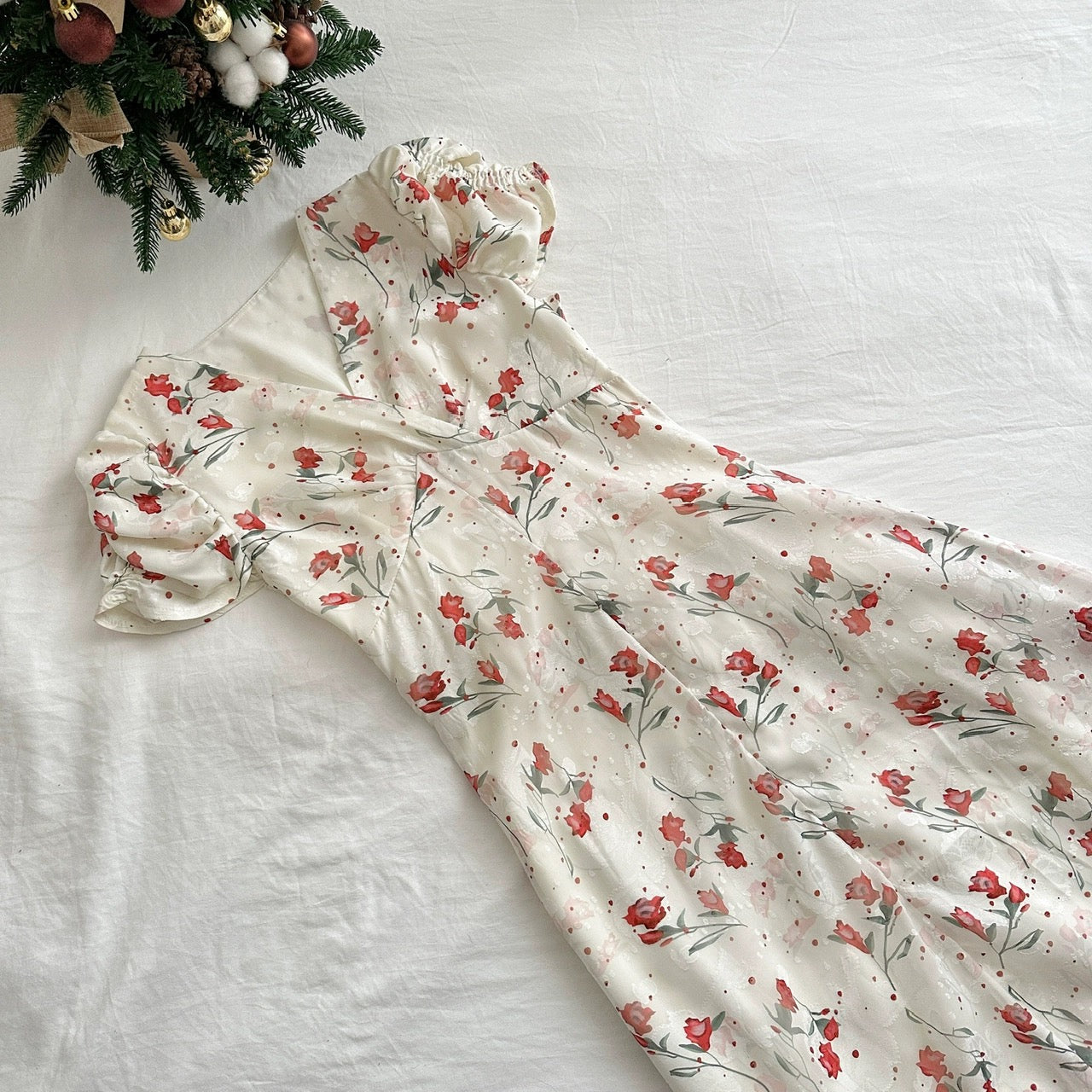 Youni homemade/hanging begonia floral V-neck dress women's summer French style gentle puff sleeves temperament design