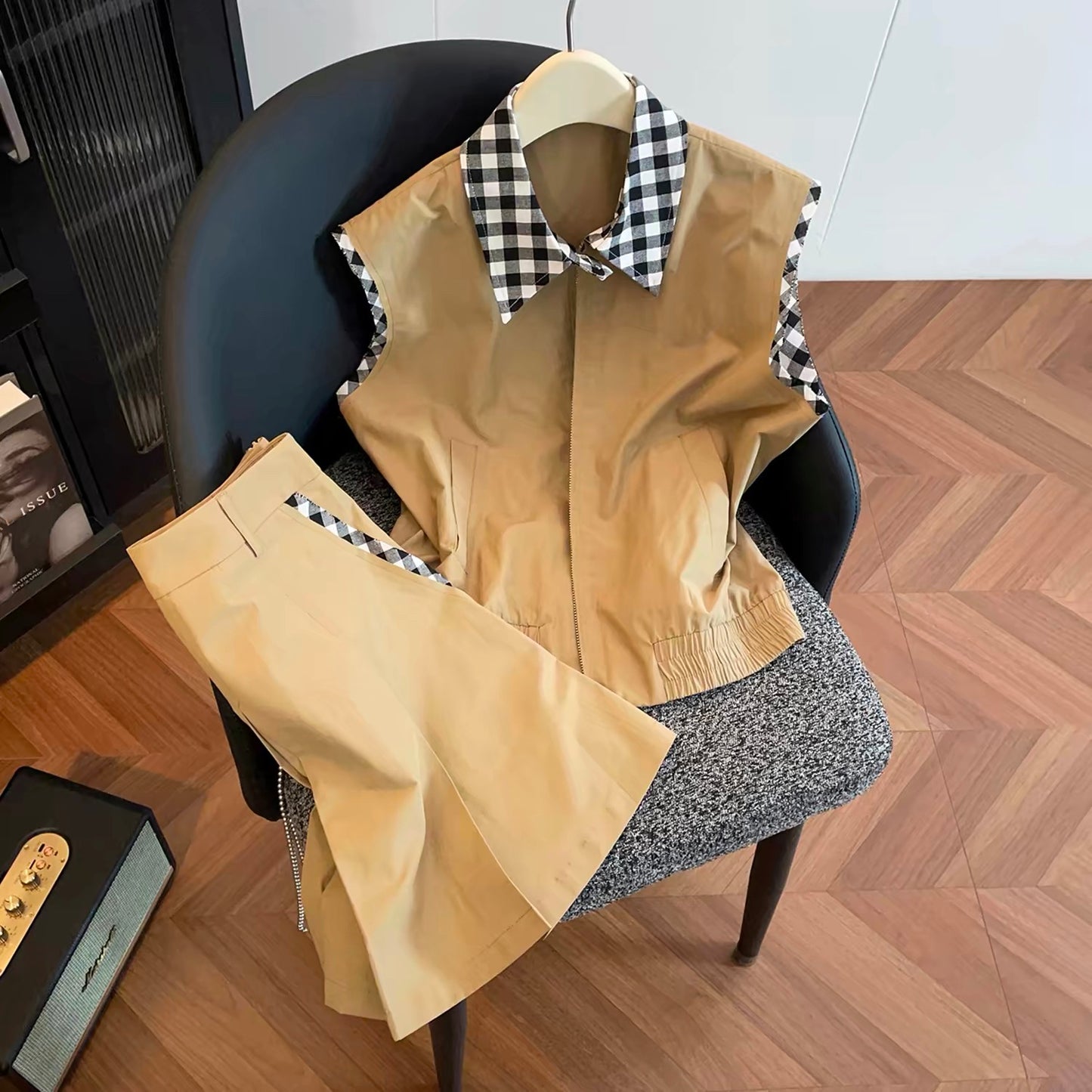 Shenzhen Nanyou High-End Women's Clothing 2026 Spring/Summer College Style Plaid Collar Vest Top + Skirt Set