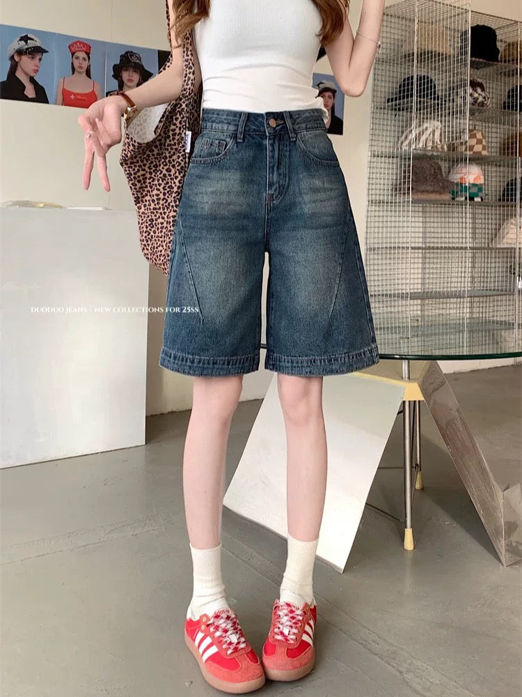 PPHOME retro hot girl shorts denim shorts women's summer high waist loose straight wide leg mid-length pants casual pants
