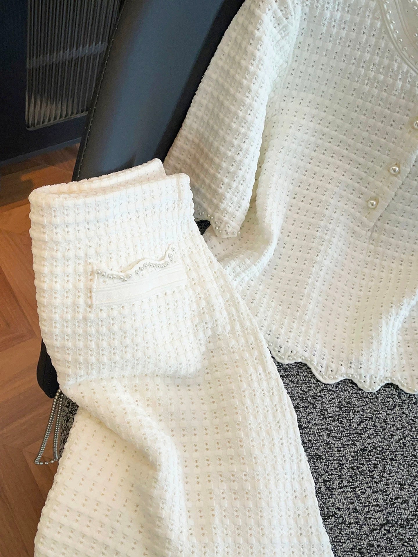 Shenzhen Nanyou High-End Women's Clothing 2026 Spring/Summer Chanel-Style Beaded Hollow-Out Knit T-Shirt + Skirt Set