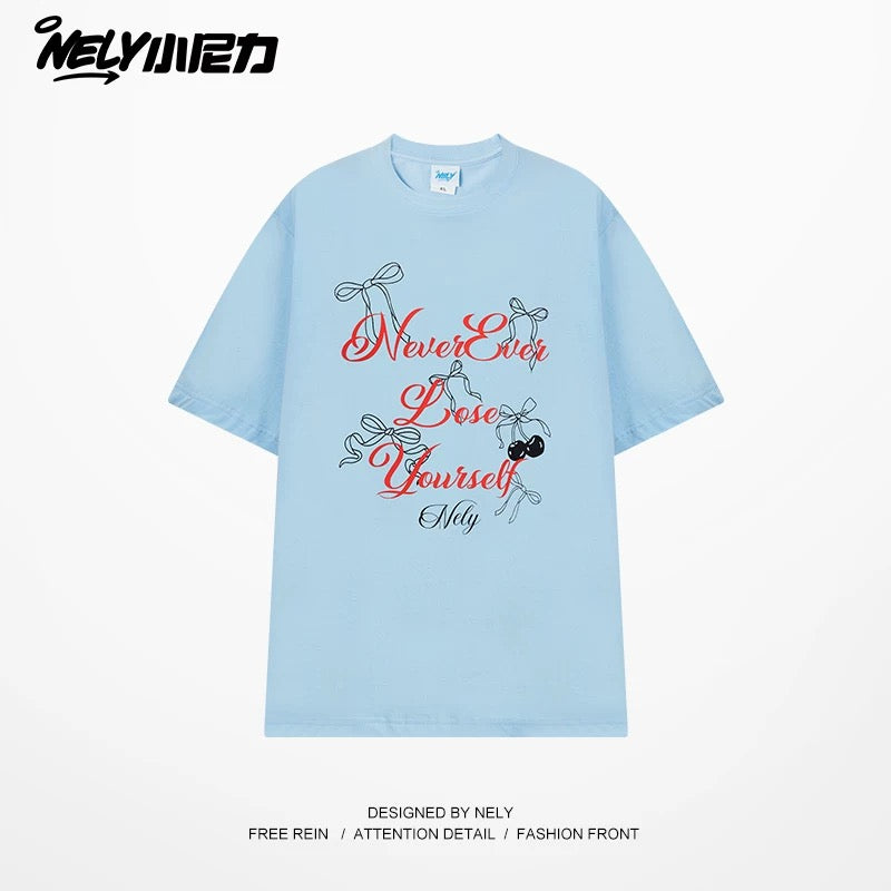NELY Little Nelly Bowknot Letter Printed Cotton Short-sleeved T-shirt for Men and Women 2025 Summer New Fashion Brand Half Sleeve