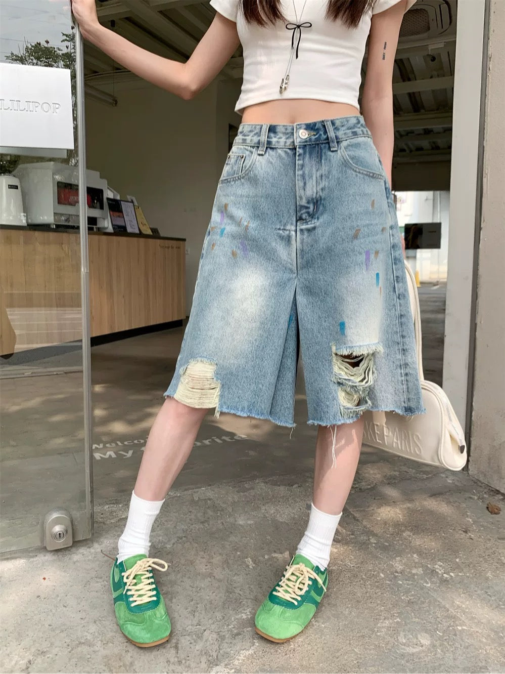 PPHOME American style ripped denim mid-length pants for women summer ins trend small high waist shorts wide leg pants shorts
