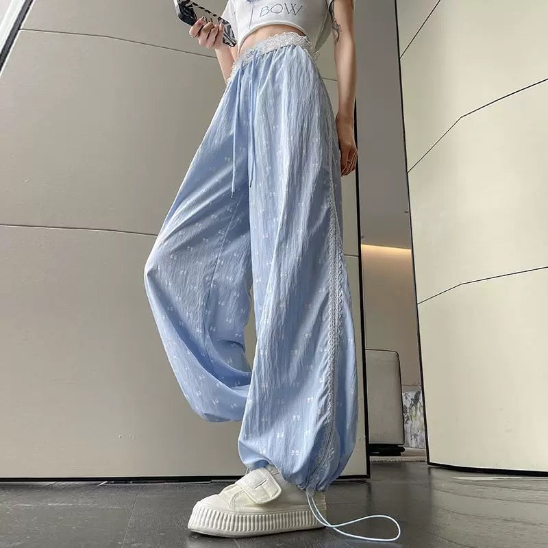 Blue lace wide-leg pants for women summer sweet bow print thin loose cuffs casual trousers