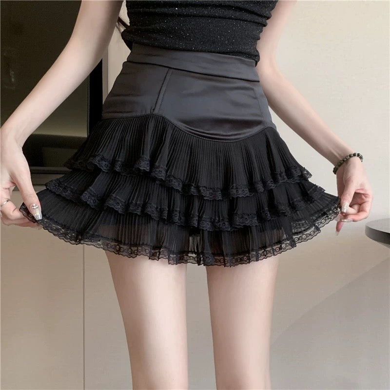 Pure desire lace lace ruffled a-line skirt petite white short skirt female summer 2025 pleated skirt