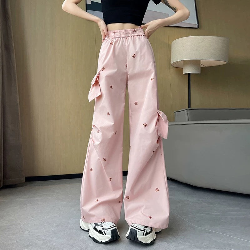 White sweet and spicy overalls women's summer thin bow bear print quick-drying casual pants high waist wide leg pants