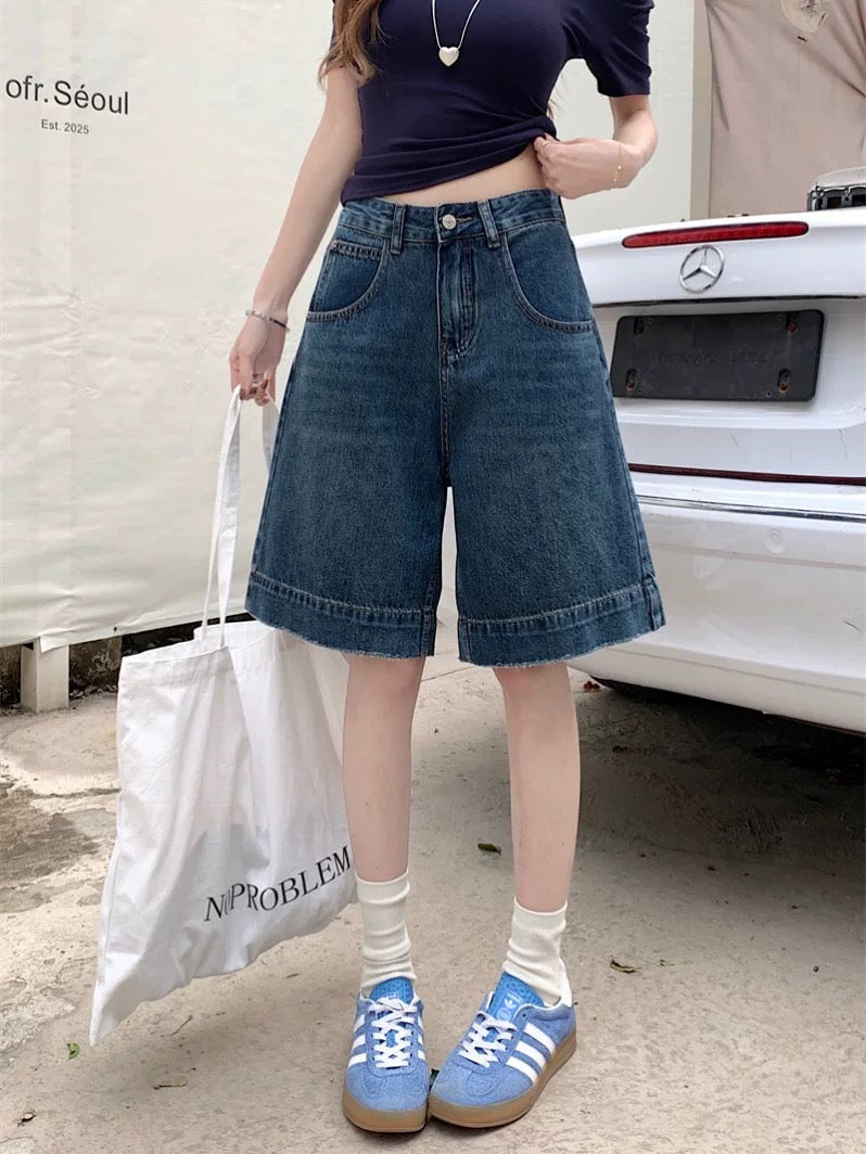 PPHOME retro washed five-point jeans for women in summer, small high waist wide leg pants, casual all-match shorts