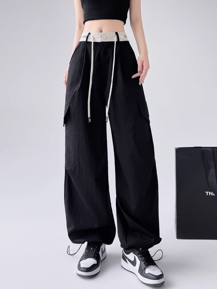 American thin high street overalls for women summer high waist loose two-wear casual sports pants with cuffs and drape wide leg pants