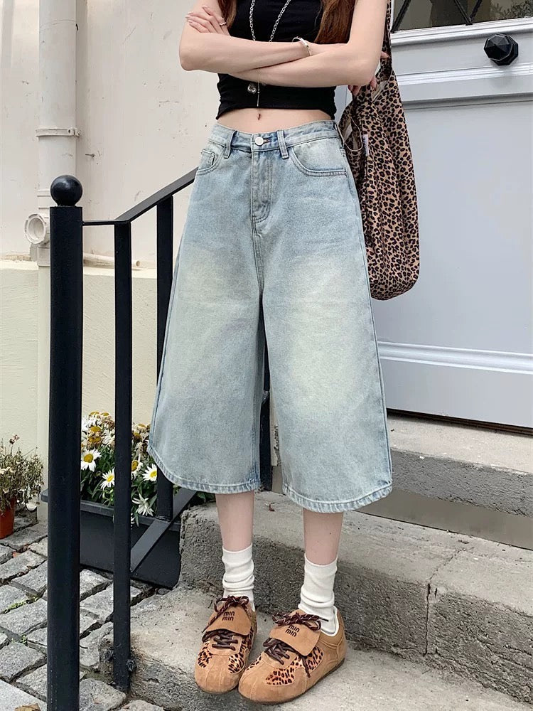 PPHOME retro American high street seven-point jeans for women spring and summer high-end high waist mid-length pants straight wide-leg pants