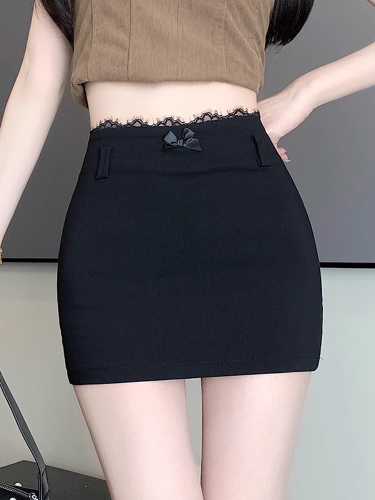 Black lace short skirt for women 2025 summer hot girl bow high waist a-line skirt wear tight hip skirt
