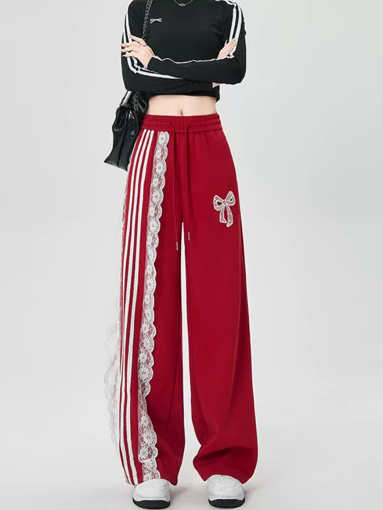 Ankola red design retro sports sweatpants women autumn national trend chic lace ribbon drape casual pants ins
