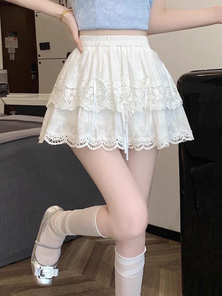 White short skirt for women ballet style fluffy lace edge cake skirt summer temperament high waist bow a-line skirt