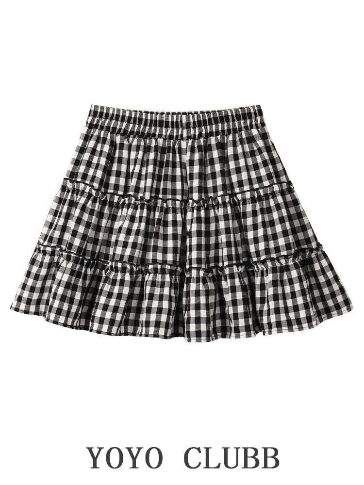 YOYO CLUBB large size right shoulder round neck short-sleeved T-shirt summer high-waisted A-line fluffy cake skirt college style suit