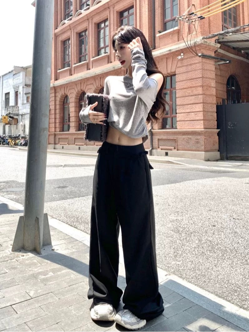 Grey high-grade suit pants for women, spring design, lace stitching, high waist, loose wide-leg straight-leg floor-length pants