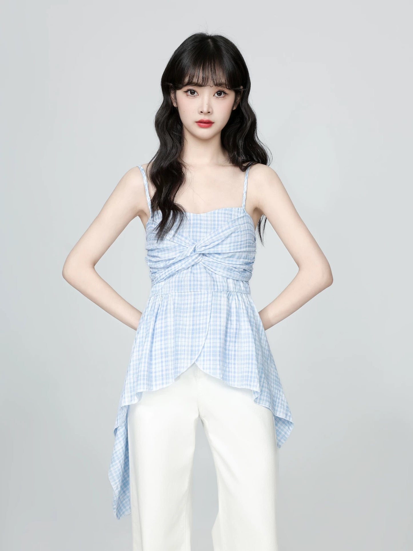 Blue plaid camisole for women summer wear 2025 summer new irregular ruffles twisted sleeveless top