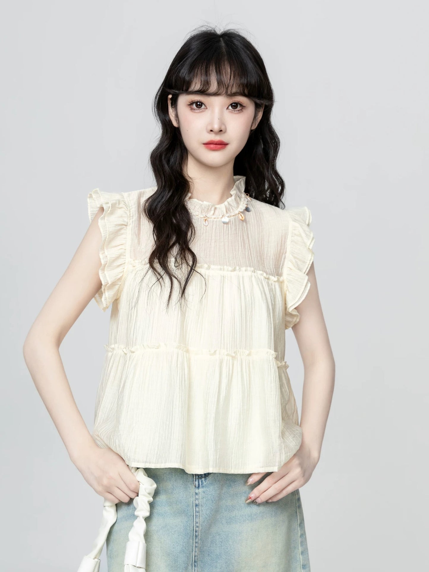 French style small flying sleeve chiffon shirt women summer 2025 summer new loose sleeveless babydoll shirt shirt short top