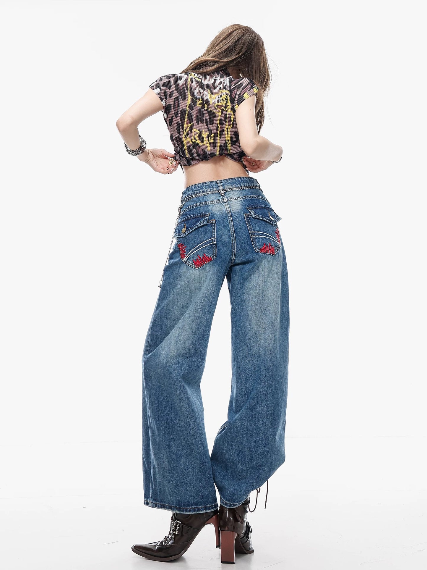 ABWLR Metal Frenzy - Original American Retro Embroidered Wide-Leg Jeans for Women, Blue Washed Distressed Straight Leg Pants