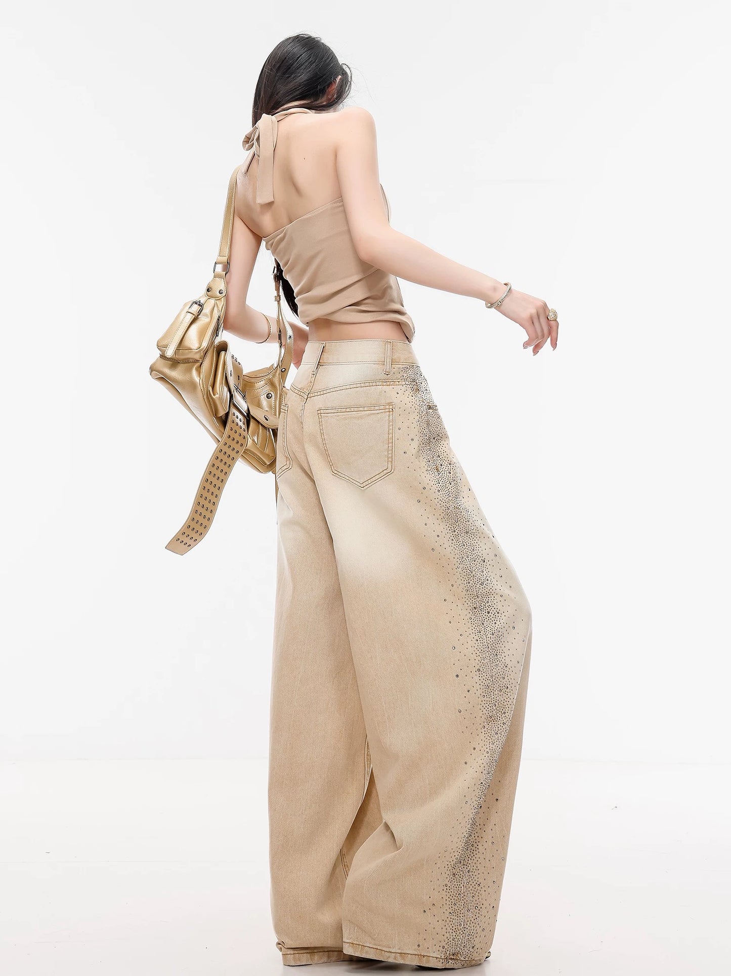 ABWLR Hot American Style - Original Retro Rhinestone Gradient Denim Jeans for Women, High-End Khaki Wide-Leg Pants