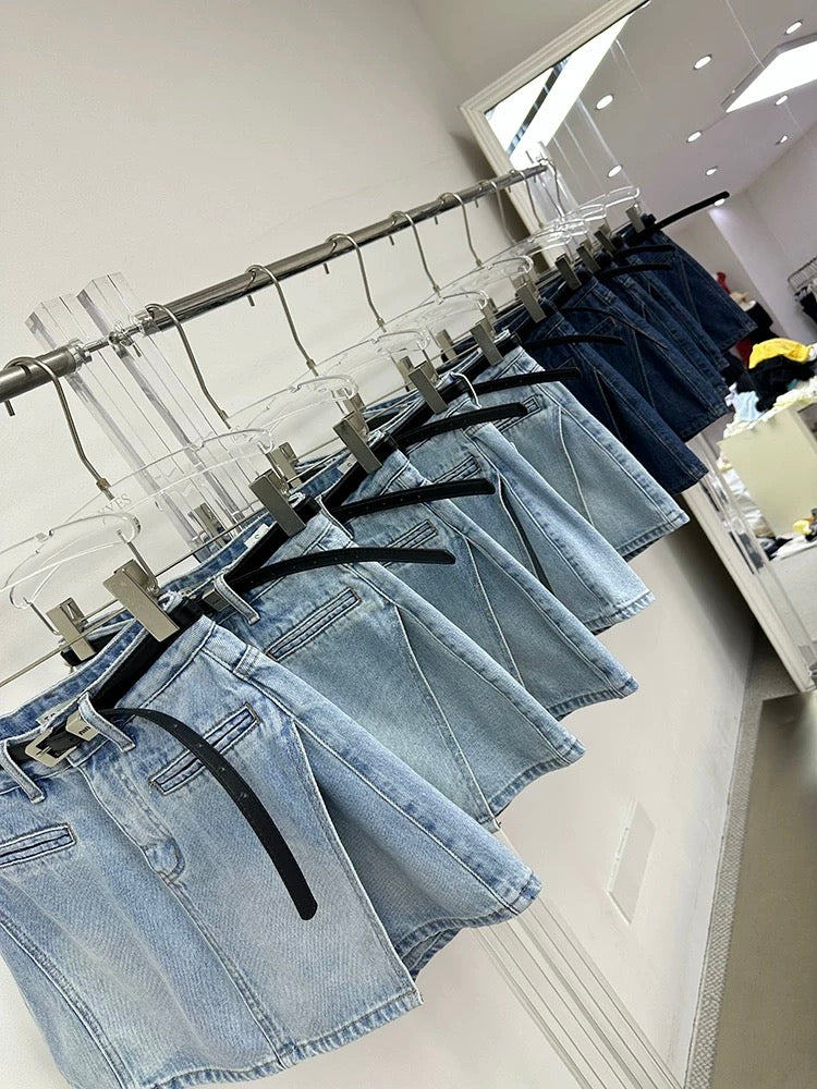 TOP Korean blue irregular denim short skirt female 2025 summer Korean version high waist slim A-line pants skirt 82501