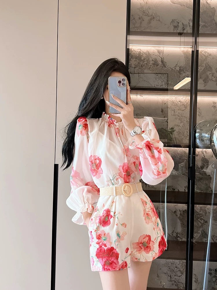 Australian fashion brand floral pattern stand-up collar lantern sleeve shirt high-waisted shorts two-piece fashion suit for women European station