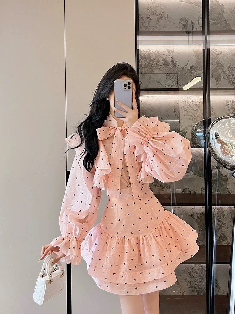 French niche ruffled lace-up bow love printed see-through shirt top high-waisted skirt two-piece suit