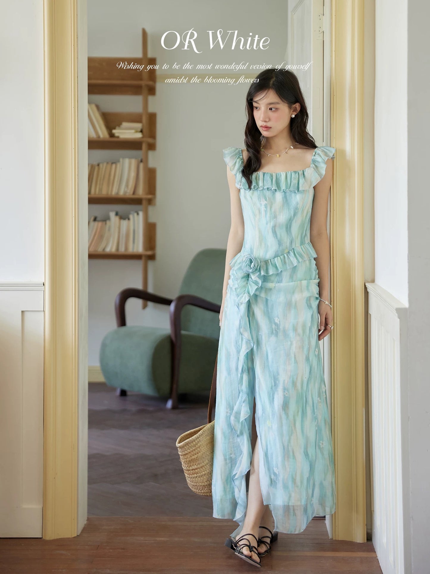 ORWhite French Gradient Chiffon Dress Women's Ruffle Design Tencel Fabric Holiday Style