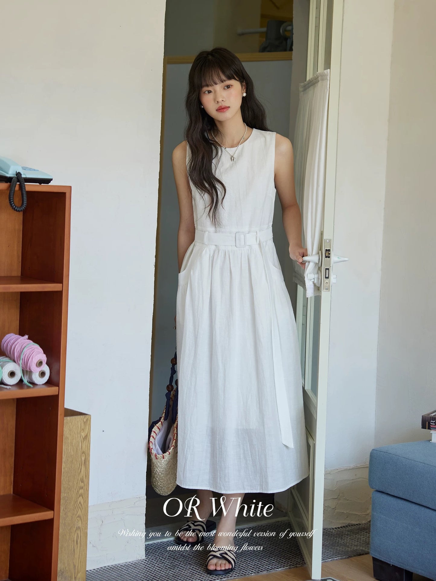 ORWhite 2025 Summer French Waist Dress Women's Lace-up A-line Skirt Girly Suspender Vest Dress