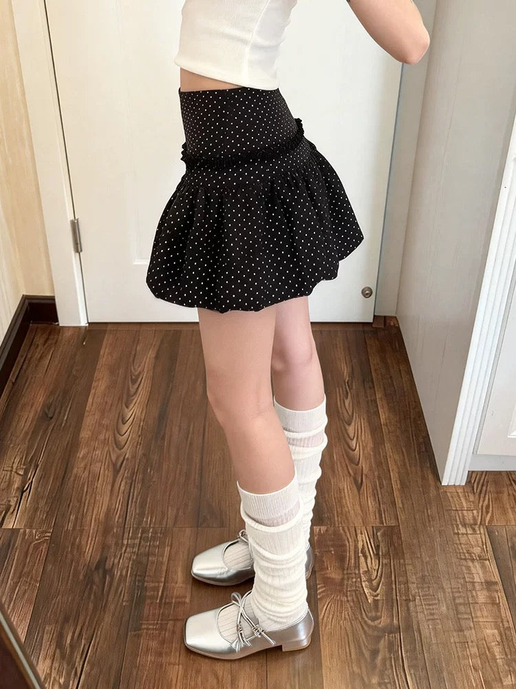 Plus-size women's retro polka dot lace mini skirt, spring/summer high-waisted slimming lace A-line skirt.