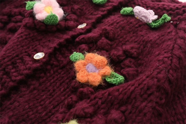 MMC loose lazy style heavy industry hand-woven contrasting three-dimensional flower love ball thickened knitted cardigan for women
