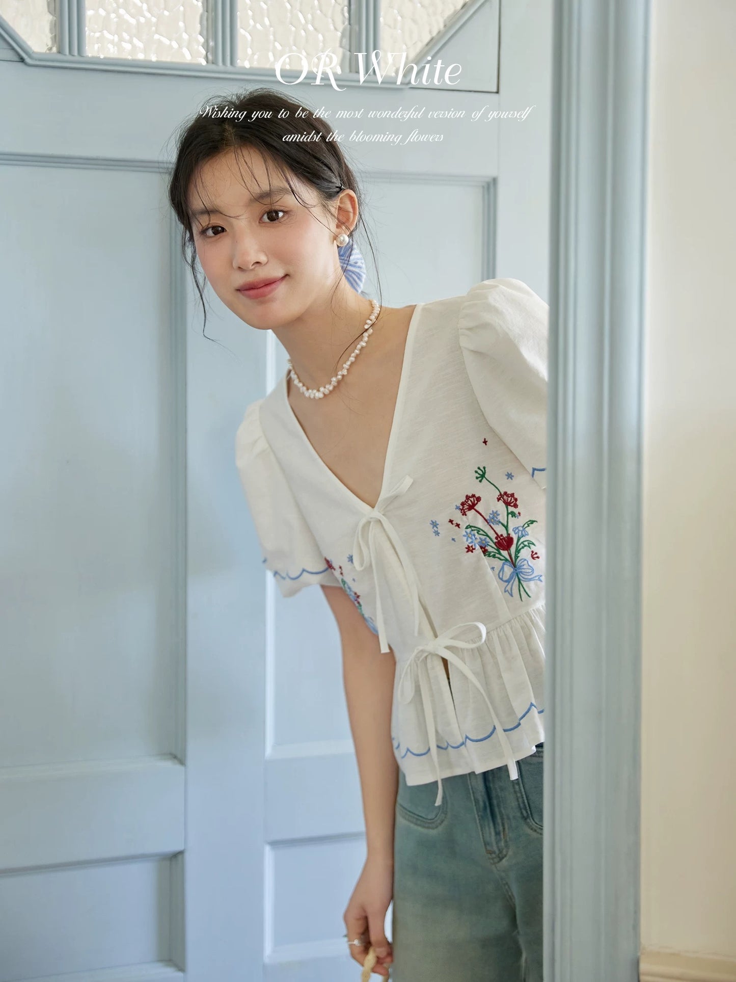 ORWhite 2025 Summer French Retro Short Sleeve Shirt Women's Short Embroidery Design White Commuter Top