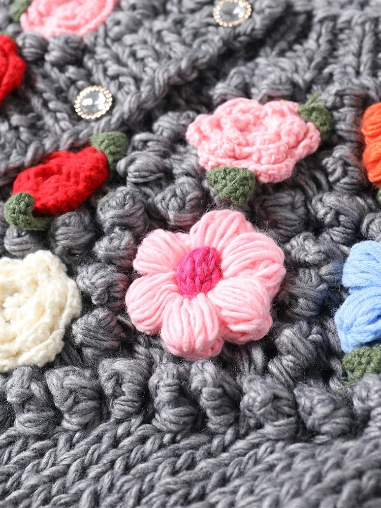 MMC retro handmade crochet sweater jacket women's colorful flower decoration gentle style loose knitted cardigan ins trend