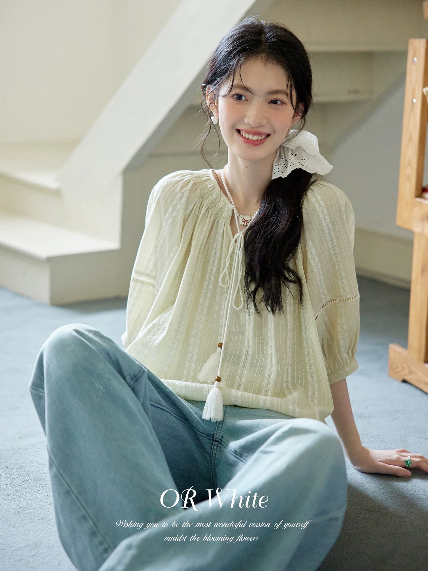 ORWhite 2025 Summer French Babydoll Shirt Women's Cotton Rope Lace-up A-line Short Shirt Retro Sweet Girl