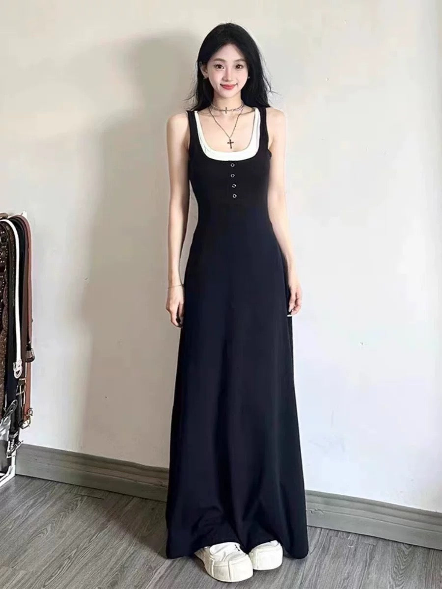 French Hepburn style black fake two-piece suspender dress women's summer design niche age-reducing slimming long skirt