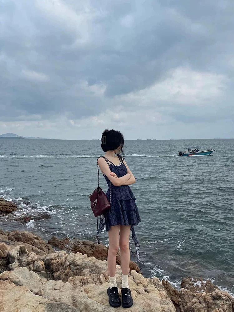 French sweet blue plaid dress for women in summer, small, irregular design, fluffy princess short skirt
