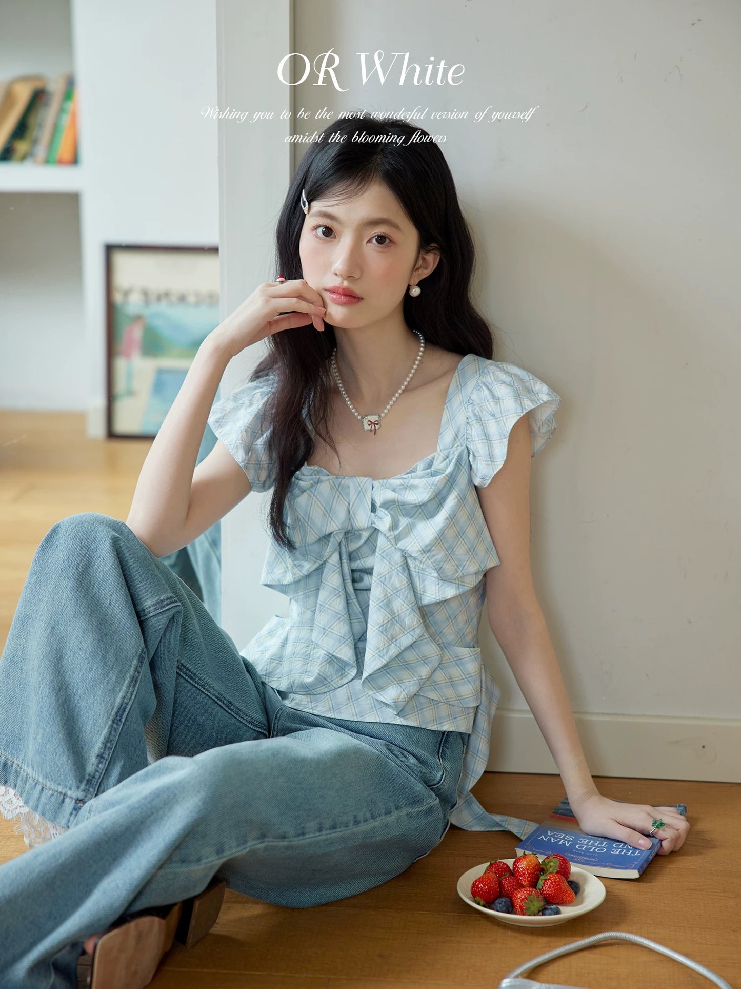 ORWhite French retro plaid shirt for women in summer with flying sleeves design and Tencel cloud-feel fabric with V-neck short sleeves