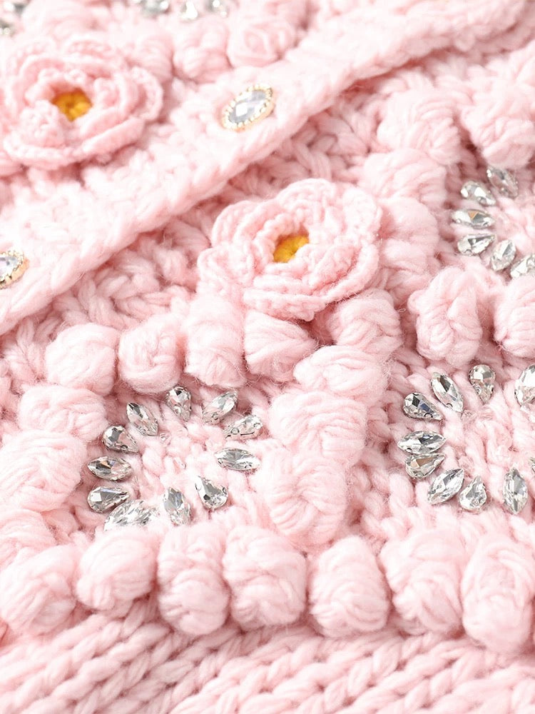 MMC loose retro age-reducing heavy industry hand-knitted thick stick needle sequin flower crochet knitted cardigan sweater thick