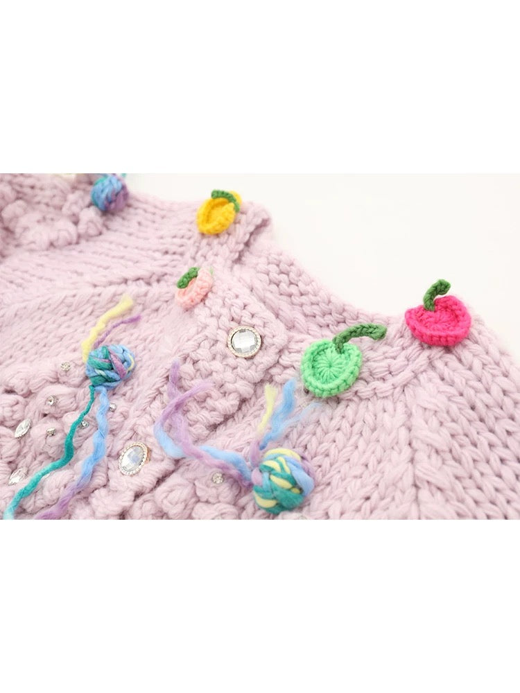 Sweet temperament and age-reducing heavy industry hand-knitted pink stick needle three-dimensional ball tassel knitted cardigan sweater thickened for women