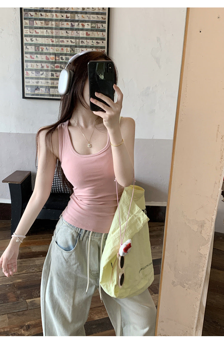 Pure desire style pink suspenders women's summer niche outerwear sports I-shaped vest slim white beautiful back short top