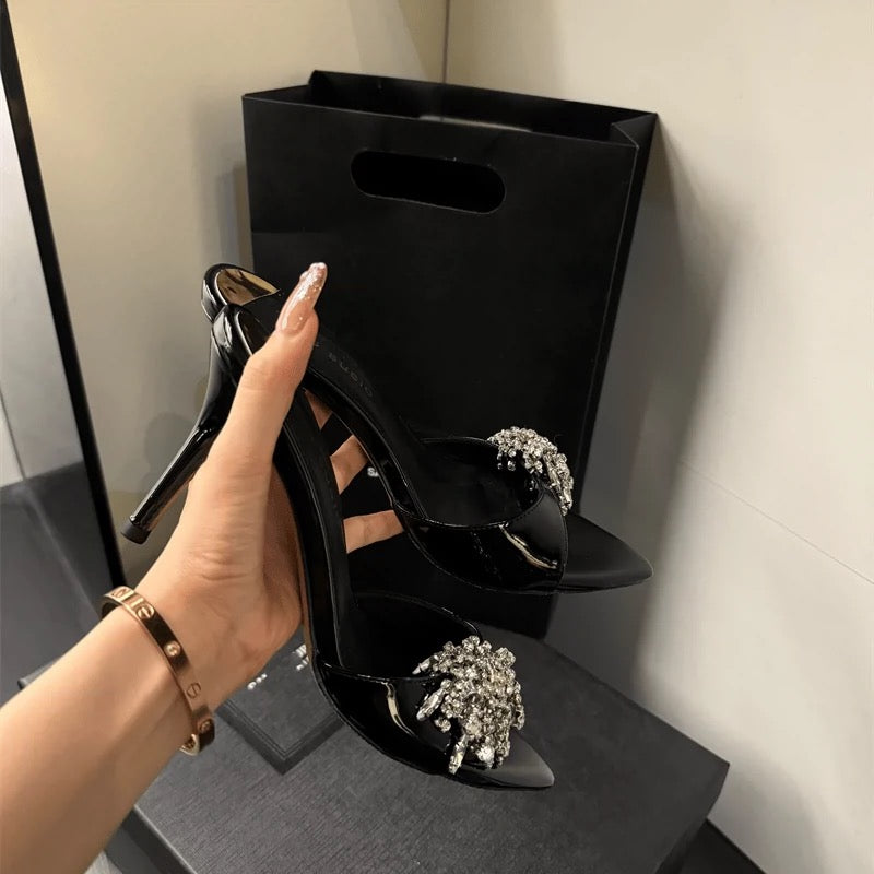 2024 new and brightest Xinghai open-toe patent leather flip flops sexy pointed toe high heels women's summer stiletto heel rhinestone sandals