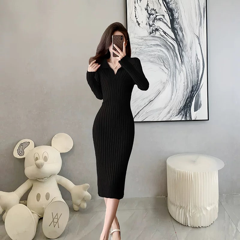 Elegant socialite red knitted long skirt for women 2024 autumn and winter new high-end style with coat V-neck hip-hugging dress