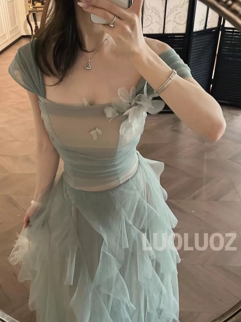 LUOLUOZ 【Dreamy Galaxy】Mesh Off-Shoulder Dress for Women, Ethereal Style, Slim Waist, Irregular Hem Long Skirt