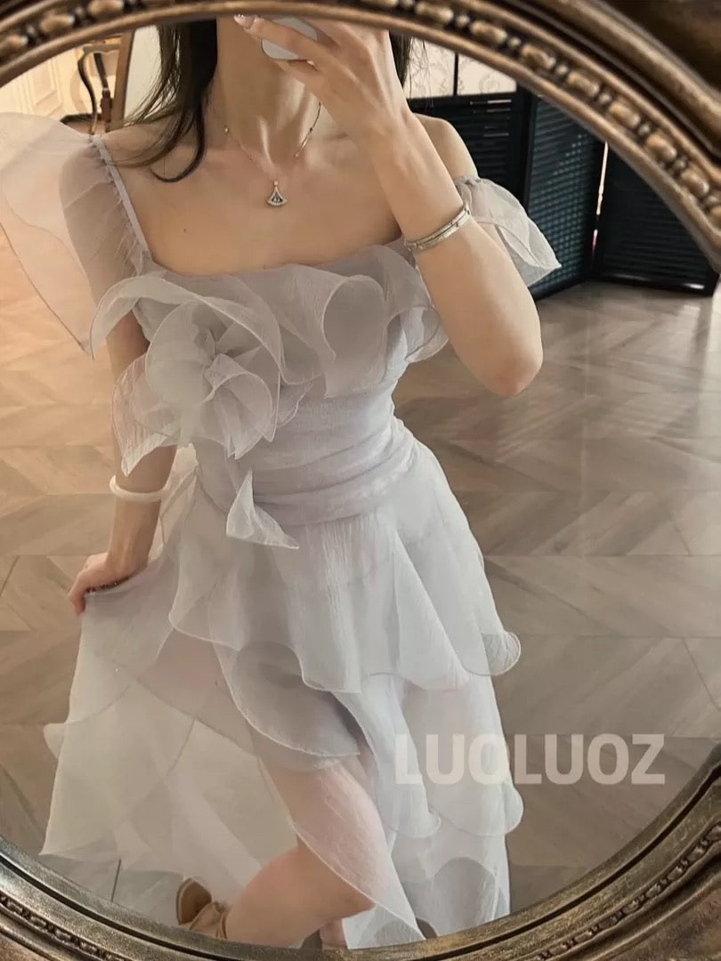 LUOLUOZ【Soft Mist Dreamy】French High-End Gentle Off-Shoulder Fairy Vacation Long Dress