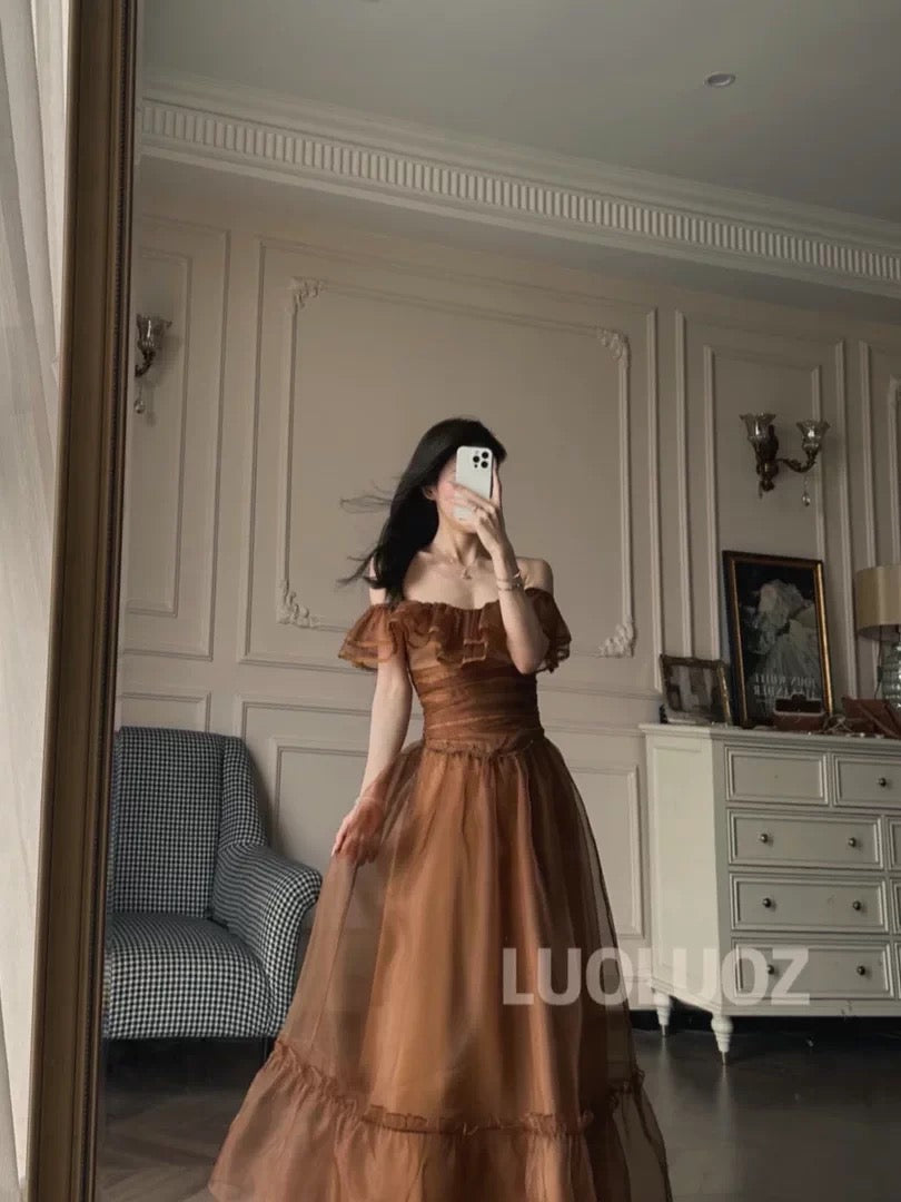 LUOLUOZ 【Moonfall and Starry River】Retro Court Style Waist-cinching Off-the-Shoulder Puff Sleeve Full Skirt Mesh Dress