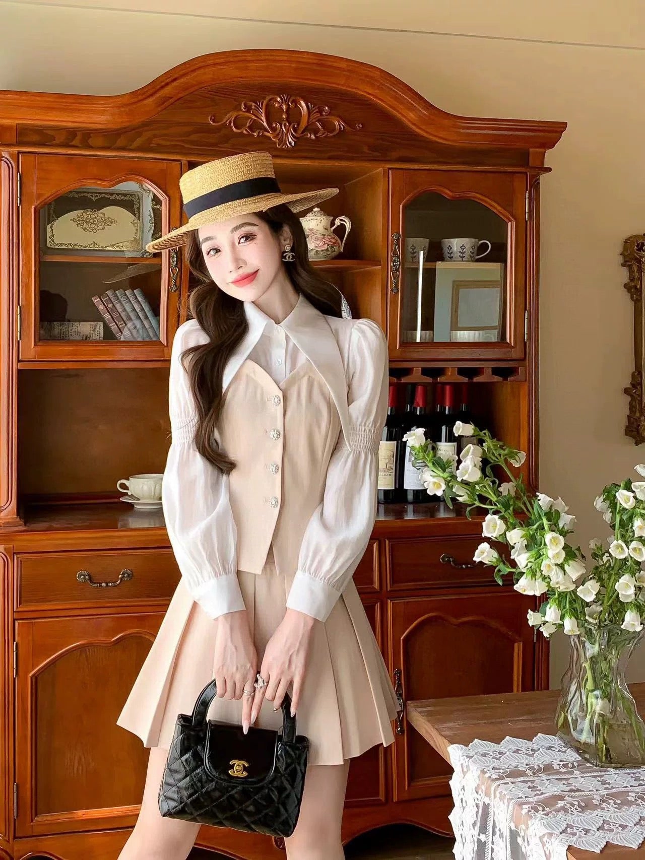 Nanyou European Products 24 Autumn Western Style Small Pointed Collar Puff Sleeves Fashionable Pink Spliced Top Pleated Skirt Suit