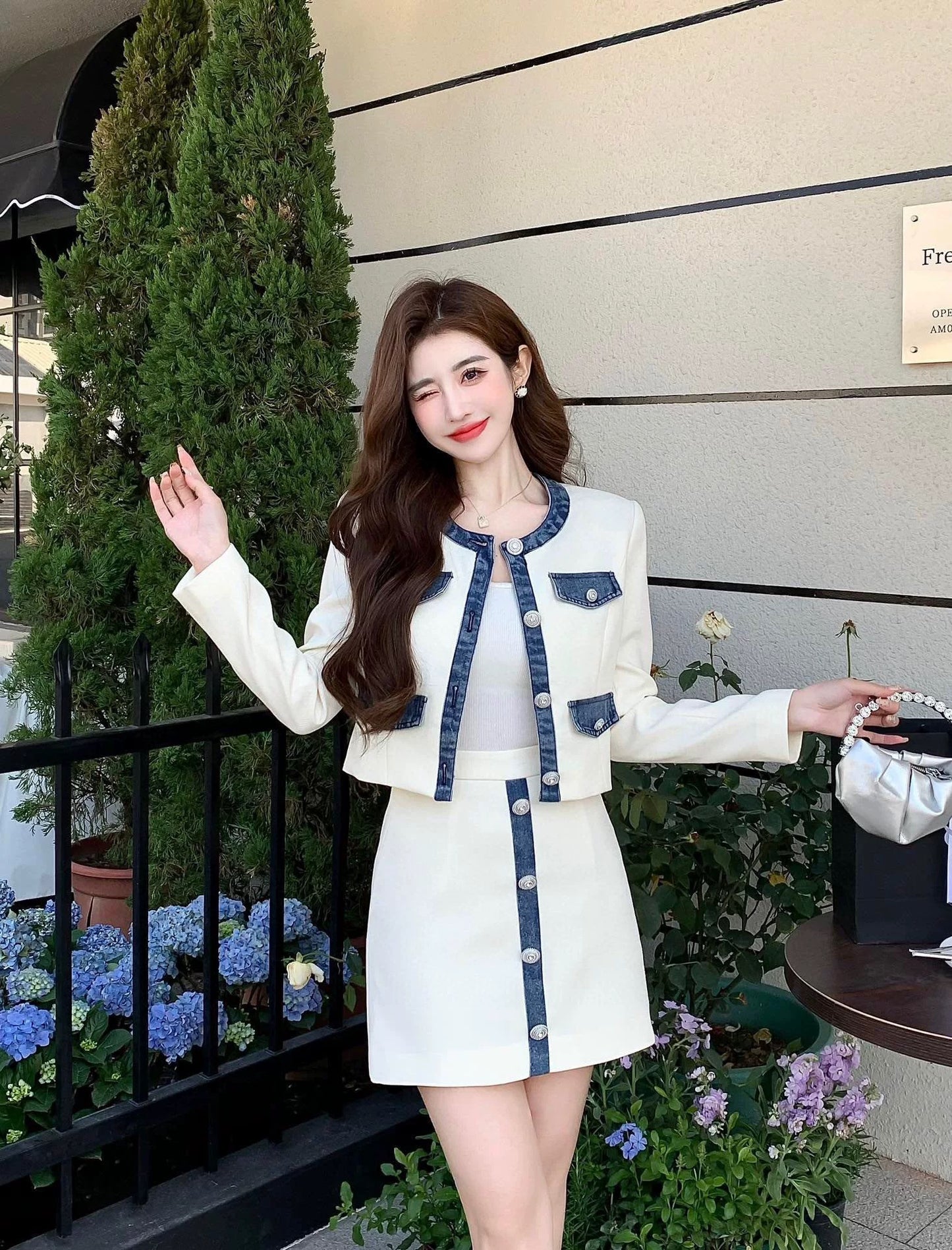 Light luxury niche designer style celebrity small fragrant denim splicing short top high waist A-line skirt slimming suit