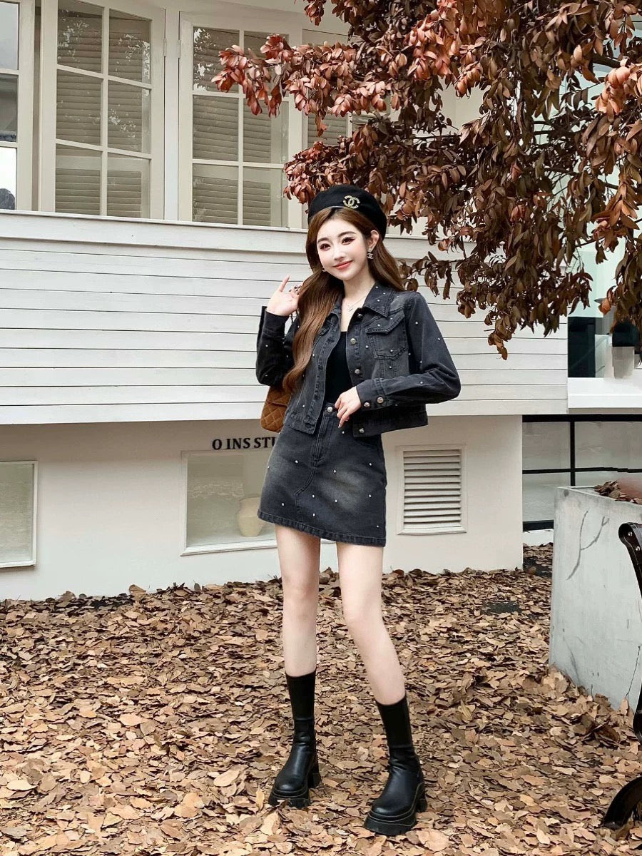 Nanyou European goods, light luxury design, small fragrance, heavy industry studded top, retro A-line skirt, casual denim suit