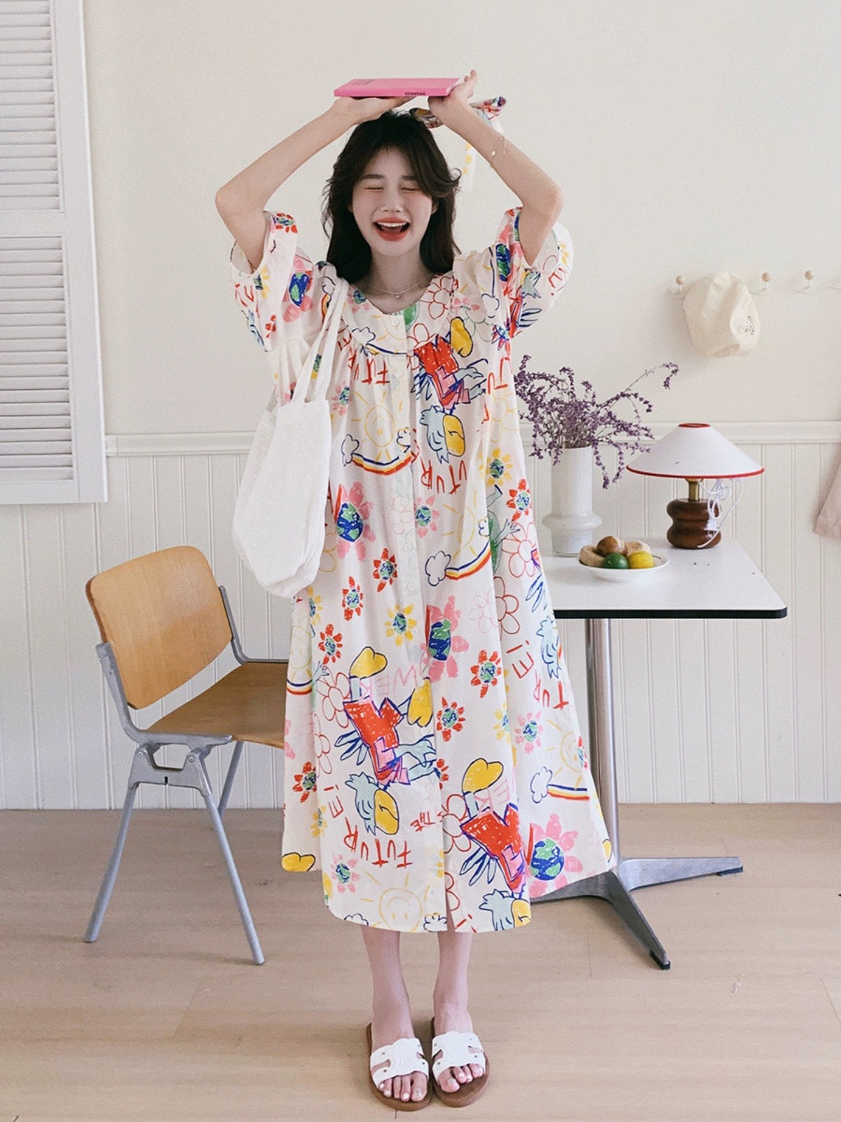 Korean loose graffiti print dress summer women 024 new sweet age-reducing college style niche long A-line skirt
