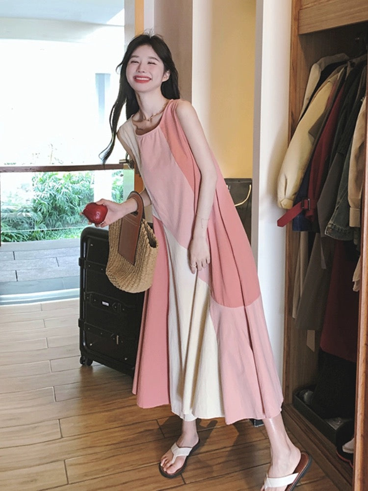 French design sense color matching internet celebrity vest dress summer new pink temperament holiday style long skirt with large skirt