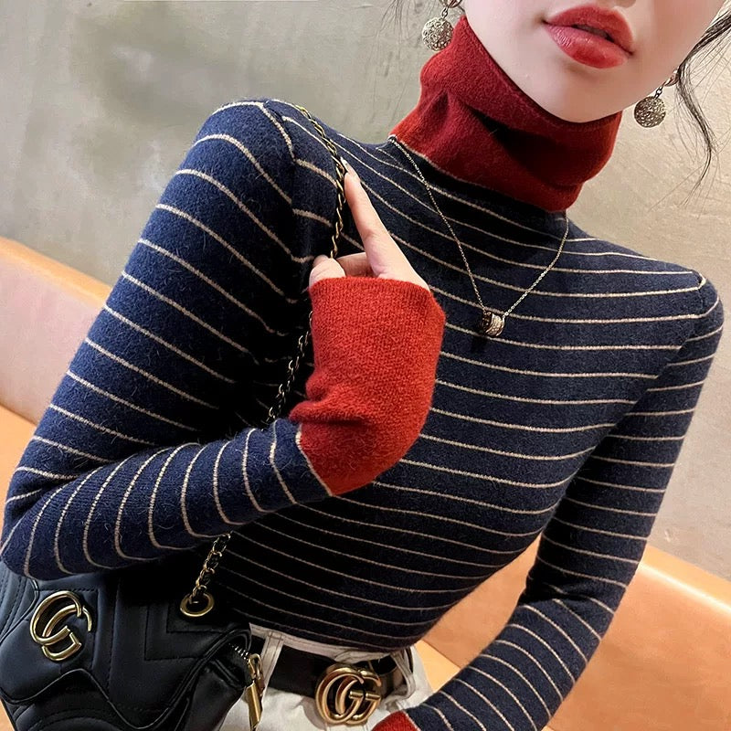 Striped turtleneck sweater autumn and winter women's 2024 new slim fit top contrast color bottoming shirt with western style women's clothing