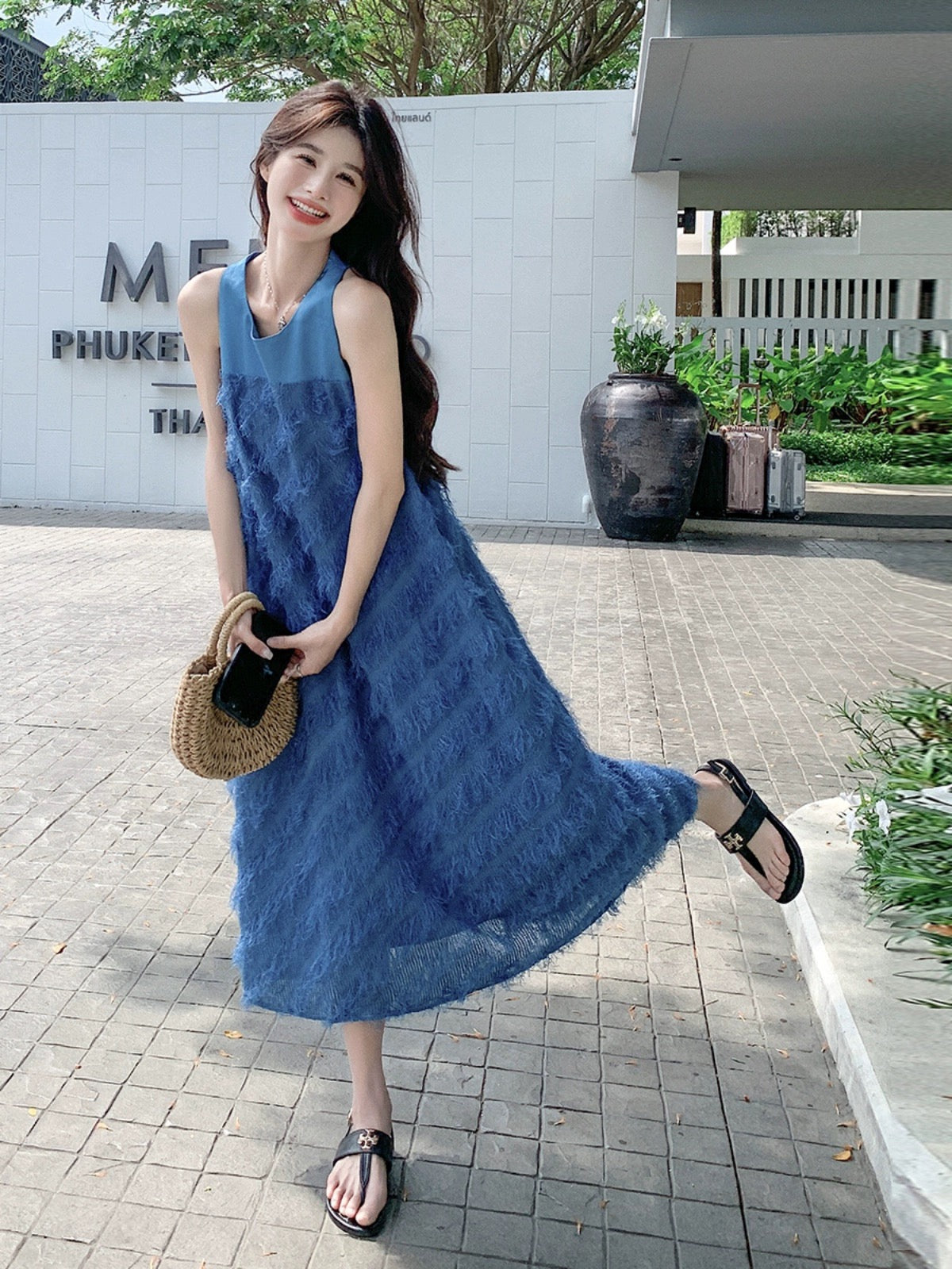 Blue tassel vest dress summer women's 2024 new style playful and cute age-reducing loose mid-length A-line skirt