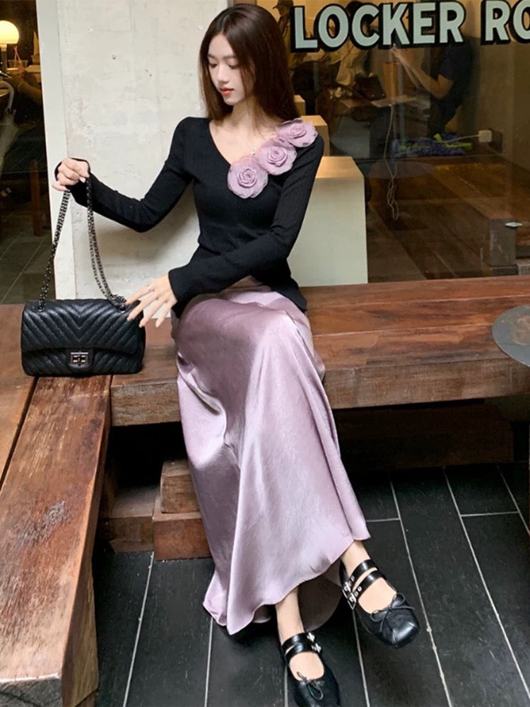 Spring women's suit light luxury high-end feminine three-dimensional flower long-sleeved top satin skirt two-piece suit